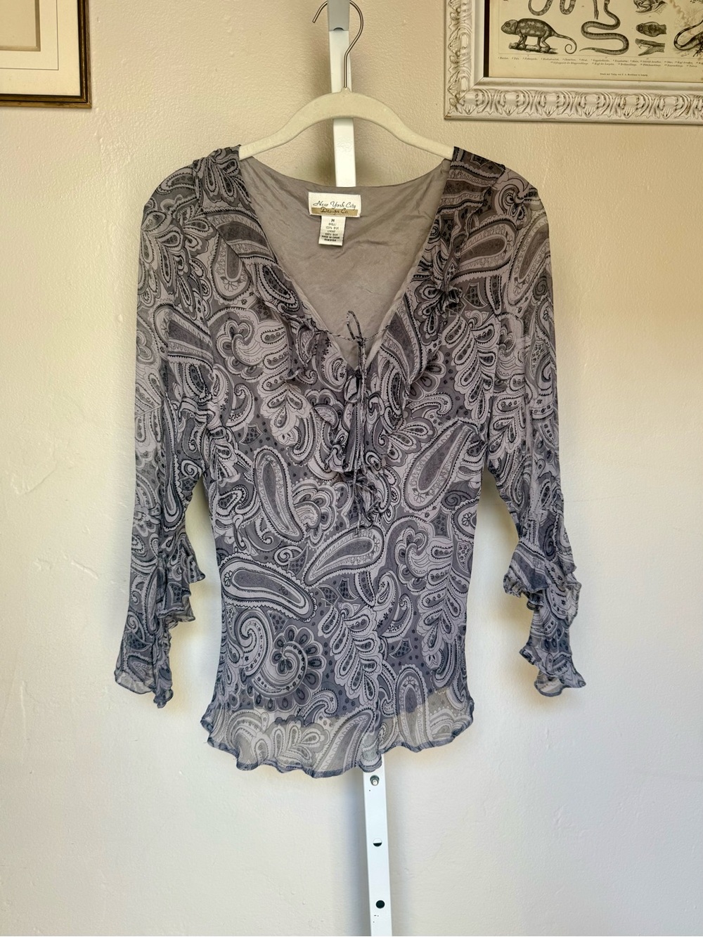 Vintage Y2K SILK Paisley Ruffle V-Neck Fairy Blouse 100% Silk Medium